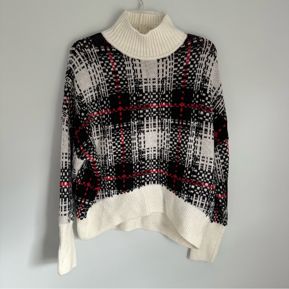 NWT Express Red White Black Plaid High Neck Sweater Soft Holiday Christmas